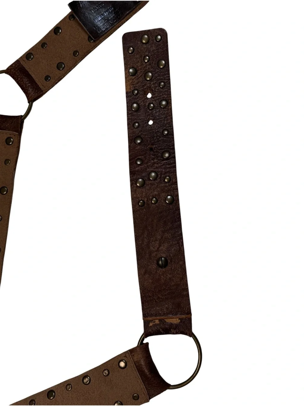 Betsey Johnson Gold Sequin Embroidery Studded Brown Leather Brass Rings Belt M